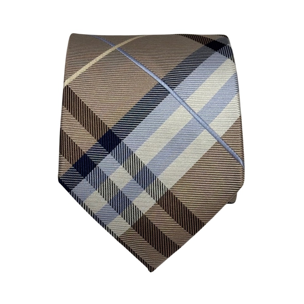Geoffrey Beene Silk Tie Mens Tan Brown Blue‎ Plaid Ribbed Office Formal Preppy